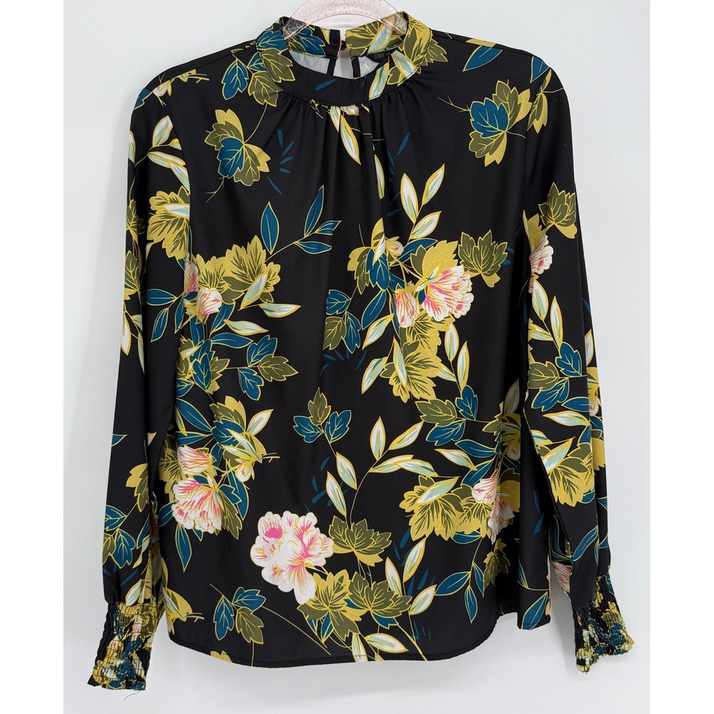 SHEIN Women Black Floral Mock Neck Long Sleeve Blouse Smocked Cuffs Sz L 8/10